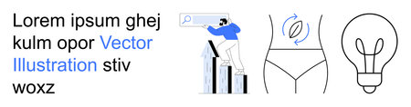 Digital marketing, health awareness, creative thinking, data analysis, beauty, and innovation. A person climbing onto bar charts, a body care symbol and a light bulb. Digital marketing and healthのイラスト素材