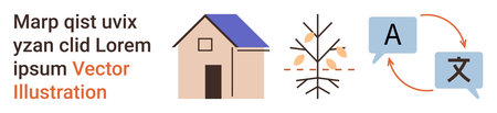 Language learning, housing development, eco-friendly living, communication tools, translation, education. House graphic, tree illustration with birds translation symbols. Language learningのイラスト素材