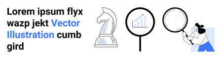 Strategy, data analysis, insights, research, business growth, problem-solving. Chess piece, chart under magnifying glass person analyzing data. Strategy and data analysisのイラスト素材