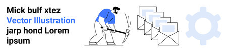 Productivity, manual labor, workflow, email processing, industrial work, business efficiency. A person hammering near a stack of envelopes with a gear icon. Manual labor and workflow conceptsのイラスト素材