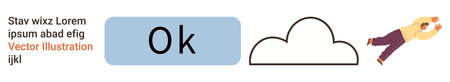 User interface design, social media approval, cloud data, positive feedback, teamwork, inspiration. Blue Ok button next to a cloud and a flying character. User interface design and social mediaのイラスト素材