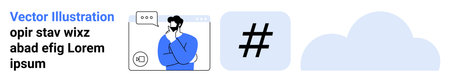 A man thinking with a chat box, metadata tag, and cloud icons. Ideal for social media,...