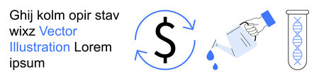 Economic sustainability, biotechnology ideas, recycling processes, environmental impact, financial planning, and research development. Symbols include dollar sign, test tube, and water pouringのイラスト素材