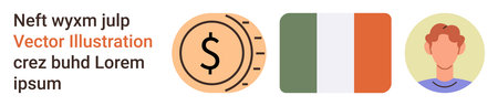 Economy, finance, national identity, branding, international relations, culture. Currency symbol, Irish flag person avatar. Economy and national identity conceptのイラスト素材