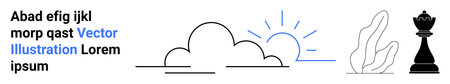 Nature concepts, creativity, decision-making, strategy, abstract art, minimalism. Line drawing of clouds, sun plant and chess piece. Nature concepts and creativity as abstract artのイラスト素材