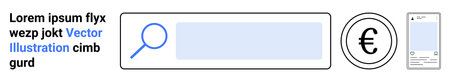 Search engines, online payments, e-commerce, user interface, digital marketing, mobile technology. A search bar, euro symbol and a smartphone are . Search engines and online payments conceptのイラスト素材