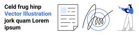 Document with text and signature, abstract graphic, person gesturing at details. Ideal for business, contracts, presentations, workflows, education, training simple landing pageのイラスト素材