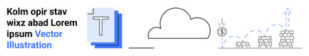 Data management, cloud storage, online business, financial growth, analytics, productivity. Cloud with a text icon, dollar symbol and stacked coins with growth arrow. Cloud storage and financialのイラスト素材