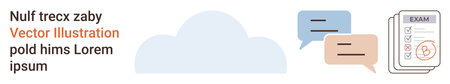 Cloud computing, online messaging, document storage, virtual workspace, education tools, digital communication. Chat bubbles and exam document images. Cloud storage and online messaging conceptのイラスト素材