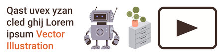 Futuristic technology, automation, media play, robotics, interior design, workspace decor. Robot standing, cabinet with a plant and a play button icon. Futuristic technology and automation ionのイラスト素材