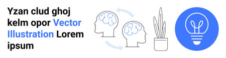 Innovation, brainstorming, creative thinking, mental processes, sustainability, eco-ideas. Two human profiles with brain icons, plant in a pot lightbulb. Brainstorming and innovation illustrationsのイラスト素材