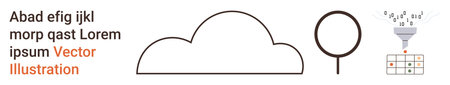 Cloud computing, data analysis, digital storage, search technology, data visualization, workflow management. Cloud with magnifying glass and data funnel. Cloud computing and data analysisのイラスト素材