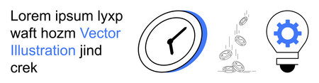 Time management, financial planning, innovation, efficiency, business strategy, modern solutions. Clock, falling coins lightbulb with gear icon. Time management and financial planning conceptのイラスト素材
