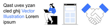 Business collaboration, teamwork, technology, mobile apps, partnerships, user experience. Woman working on laptop, mobile interface handshake graphic. Collaboration and teamwork conceptのイラスト素材