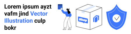 E-commerce, delivery, online shopping, secure payment, packaging, shipping protection. Woman holding item, shipping box shield with checkmark. E-commerce and delivery conceptのイラスト素材