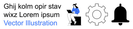 Remote work, productivity, notifications, digital interaction, work-life balance, online tools. Woman using a laptop, gear and bell icon on a clean layout. Remote work and productivity conceptのイラスト素材