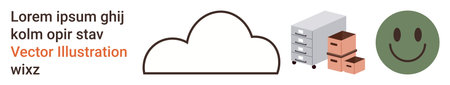 Data storage, technology organization, cloud computing, digital infrastructure, information management, positivity. Cloud outline with server rack, boxes and smiling face. Data storageのイラスト素材