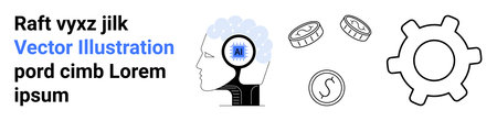 Artificial intelligence, brain function, financial innovation, mechanical systems, automation, technology advancement. Human head with AI, coins and cogwheel. AI and financial innovation ideaのイラスト素材