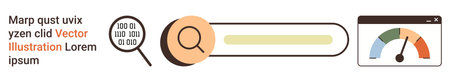 SEO optimization, performance analysis, data tracking, research, navigation, online tools. Search bar with magnifying glass and speedometer. SEO optimization and performance analysis conceptのイラスト素材