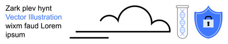 Data protection, cloud computing, cybersecurity, scientific research, digital storage, biotechnology. Visual elements include a cloud, DNA sample and shield with a lock. Focus on data protectionのイラスト素材