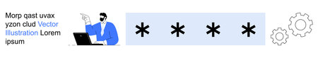 Cybersecurity, data protection, online authentication, password security, technology, secure access. A person using a laptop and password symbols are displayed. Cybersecurity and data protectionのイラスト素材