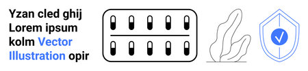 Healthcare, security, medication, pharmaceutical design, health safety, abstract concepts. Pill capsules, shield with checkmark and line-art plant. Healthcare and security concepts for modern usageのイラスト素材