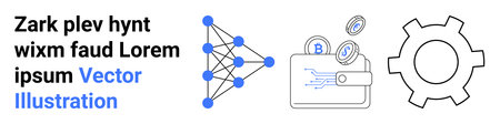 Neural network with connected nodes, wallet with coins for cryptocurrency, gear for technical process. Ideal for finance, AI, blockchain, innovation, digital economy, tech solutions simple landingのイラスト素材