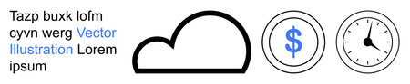 Cloud computing, financial planning, productivity, cost efficiency, digital storage, technology management. Black cloud shape, dollar sign clock icons. Cloud computing and financial planningのイラスト素材