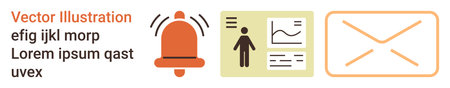 Alerts, data analysis, communication, notifications, information management, digital interaction. Bell, graph and envelope icons together. Alerts and data analysis as keyのイラスト素材