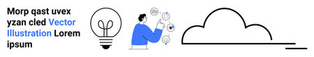 Creativity, technology, innovation, cloud computing, brainstorming, digital interaction. A person interacts with icons beside a lightbulb and cloud graphic. Creativity and technology conceptのイラスト素材