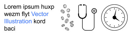 Healthcare systems, time management, financial planning, consulting services, medical efficiency, and productivity. Stethoscope, coins and clock icons. Healthcare systems and time management conceptのイラスト素材