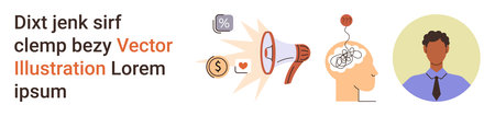 Marketing campaigns, communication strategies, mental health concepts, financial information, personal growth, decision making. A megaphone, dollar icon tangled thoughts and a person. Marketingのイラスト素材