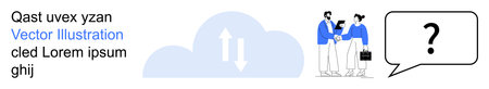 Cloud computing, teamwork, digital communication, remote work, data exchange, IT services. Two...
