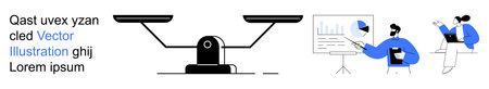 Business strategy, data analysis, decision-making, teamwork, financial balance, presentation. A scale, charts and professionals interacting. Business strategy and data analysis conceptのイラスト素材