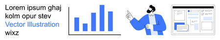 Business presentation, data analysis, UI design, statistics, marketing concepts, digital communication. Bar chart with person pointing to a chart. Business presentation and data analysis conceptのイラスト素材