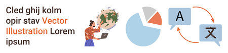 Education, global communication, language translation, data analysis, digital learning, remote collaboration. Woman using a laptop, pie chart translation arrows. Global communication and languageのイラスト素材