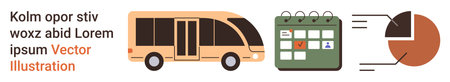 Transportation, time management, data visualization, scheduling tools, public transit planning, progress tracking. Bus icon, a calendar with a check mark and a pie chart diagram. Transportationのイラスト素材