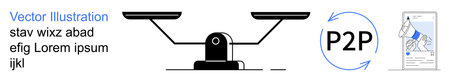 Peer-to-peer systems, financial transactions, sharing economy, trade equality, collaborative networks, data sharing. A balance scale with arrows signifies P2P exchange. Focus on financialのイラスト素材
