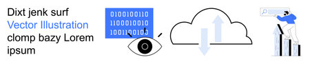 Data security, cloud storage, technology growth, online analytics, innovation, development. A binary code, an eye a cloud with arrows and a man with a chart. Data storage and technology growthのイラスト素材
