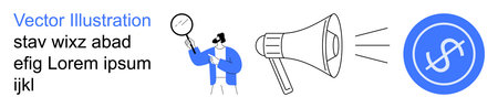 Marketing strategy, financial planning, advertising, communication, analysis, promotion. Person holding magnifying glass, megaphone dollar sign. Marketing strategy and financial planning conceptのイラスト素材