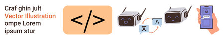 Software development, programming, language translation, technology tools, communication, coding education. Visual includes coding symbol, AI devices and a multilingual interface. Programmingのイラスト素材