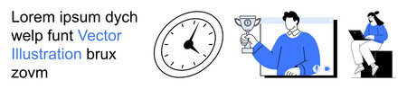 Time management, productivity, online achievement, efficiency, competition, learning. Illustration of a clock, trophy-wielding person on a video conference and a person working on a laptop. Timeのイラスト素材