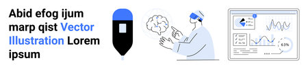 Virtual reality, healthcare, artificial intelligence, data analysis, medical technology, innovation. A figure using VR explores brain data and screens display analytics. Virtual realityのイラスト素材