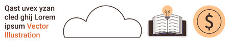 Cloud computing, knowledge sharing, digital education, financial planning, savings, and innovation. Cloud, open book with lightbulb dollar coin icon. Cloud computing and knowledge sharing conceptsのイラスト素材