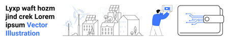 Wind turbines, solar panels, smart buildings, person holding tablet, digital wallet. Ideal for sustainability, green energy, innovation, fintech smart cities tech solutions simple landing pageのイラスト素材