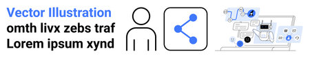 Social media, digital sharing, user profiles, online connectivity, information exchange, data analysis. User icon with network lines and a laptop interface. Social media and digital sharing conceptのイラスト素材
