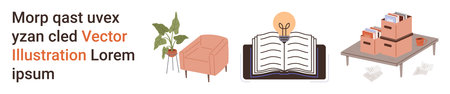 Office organization, productivity, creativity, education, workspace decor, and knowledge. Features plant, chair open book with lightbulb and storage boxes. Creativity and productivity conceptのイラスト素材