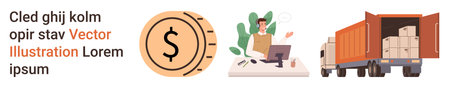 Business operations, financial transactions, logistics, e-commerce, delivery services, supply chain management. Coin with dollar sign, person at a desk truck with boxes. Financial transactionsのイラスト素材