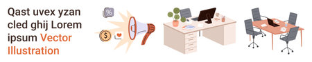 Business communication, teamwork, digital marketing, remote work, financial management, workplace design. Desk with computer, meeting room table and megaphone icon. Business communication teamworkのイラスト素材