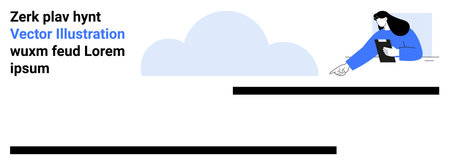 Digital data storage, cloud computing, file sharing, content creation, communication, teamwork. Minimalist design a person pointing to a cloud and text. Cloud computing and file sharing themeのイラスト素材